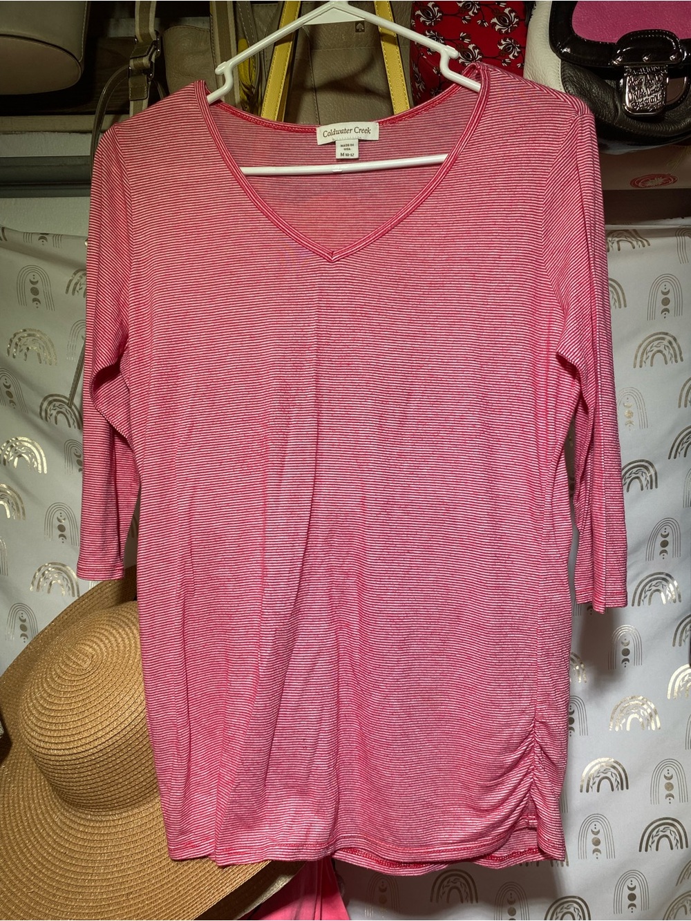 Coldwater Creek Pink Microstripe V-Neck Long Sleeve Top